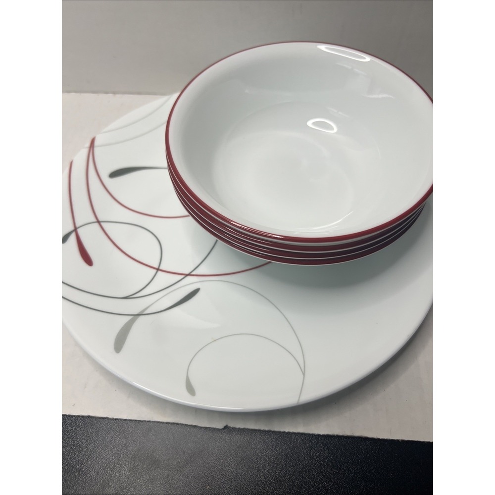 LOT 7 Pcs Corelle SPLENDOR Dinner & Bread Plates Cereal Bowls Red Gray Swirl - Picture 1 of 5